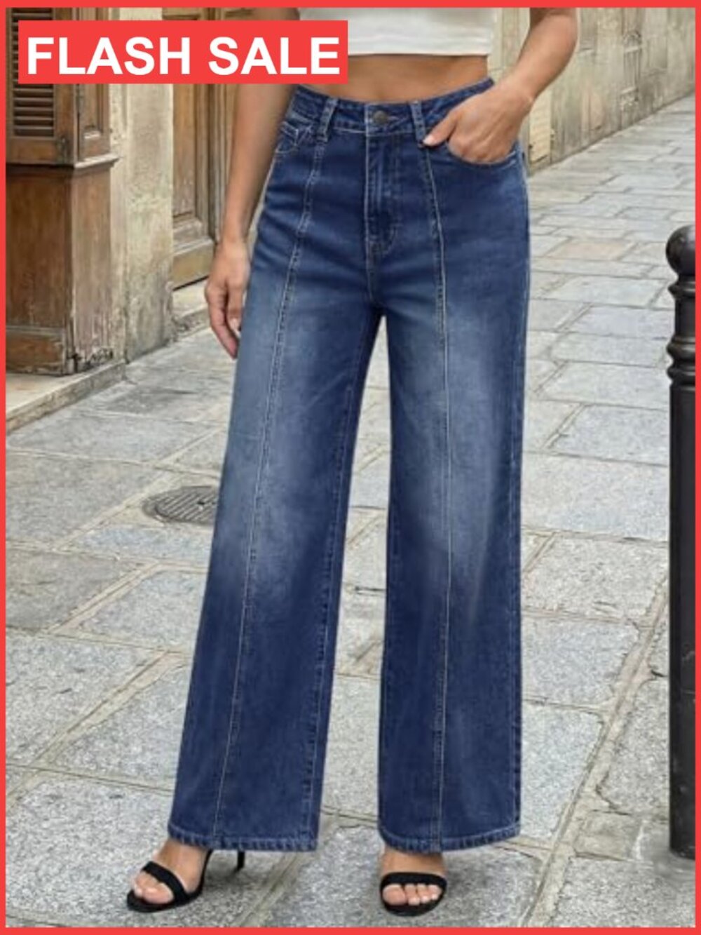 Wide Leg Baggy Jeans High Waisted Relaxed Fit Stretch Denim Front Seam - Picture 3 of 6